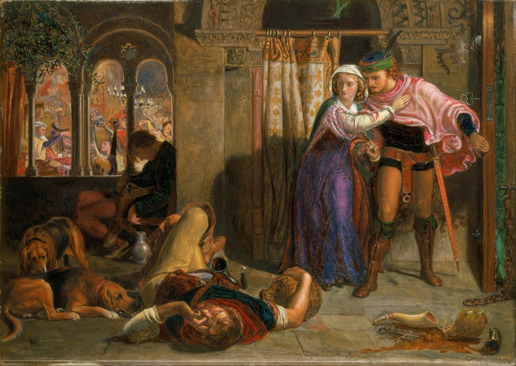 William_Holman_Hunt_-_The_flight_of_Madeline_and_Porphyro_during_the_drunkenness_attending_the_revelry_(The_Eve_of_St._Agnes)_-_Google_Art_Project
